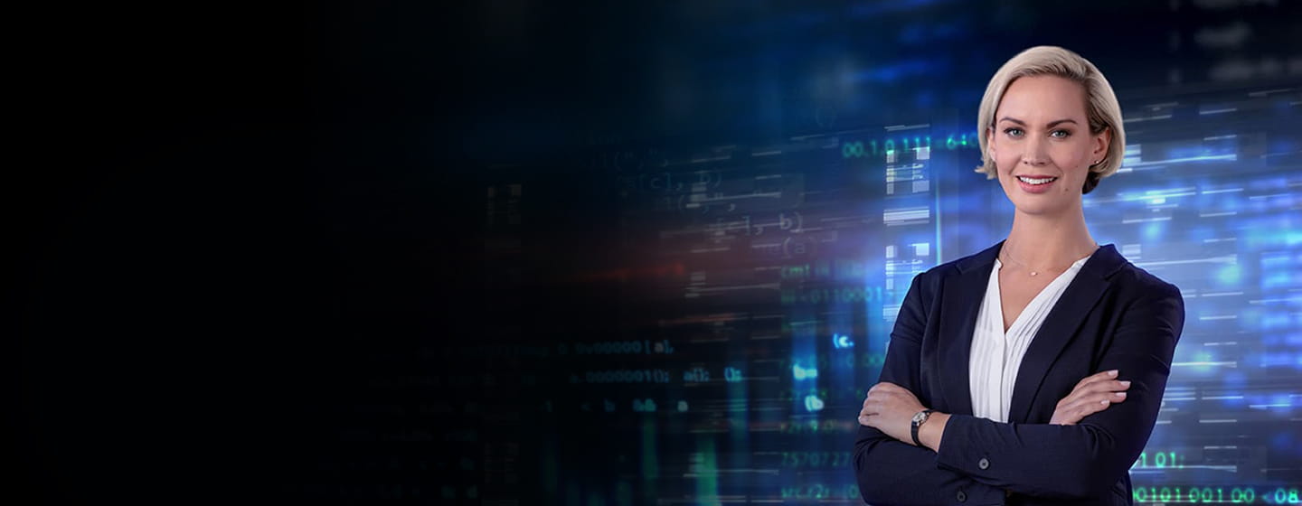 Female coder posing confidently